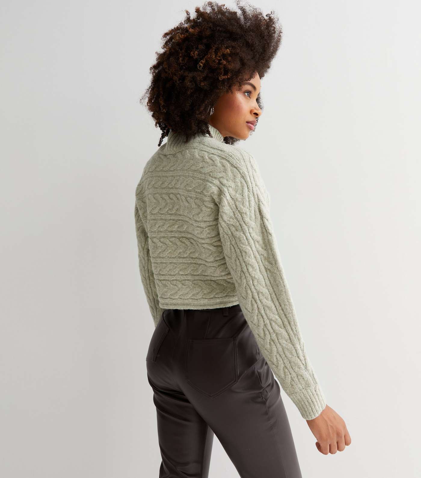 Light Green Cable Knit High Neck Crop Jumper Image 4