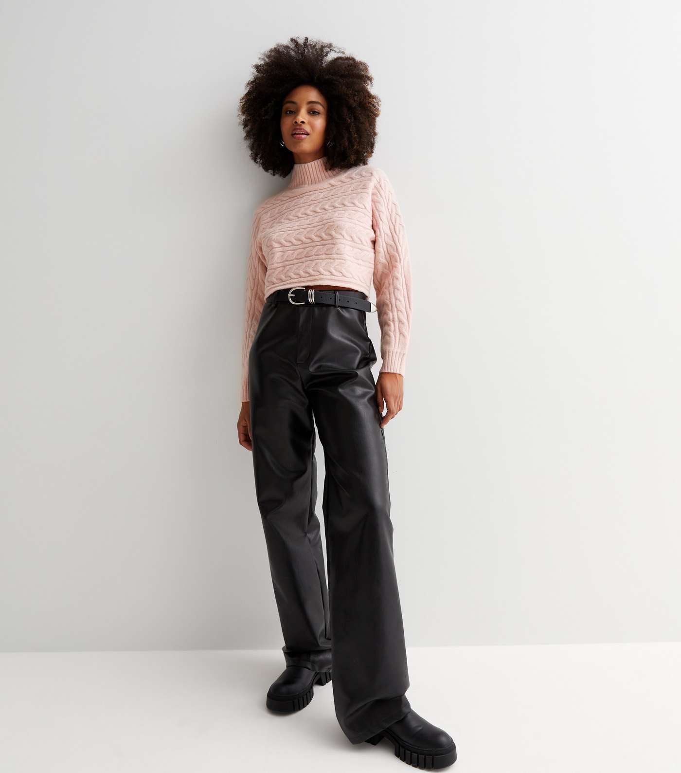 Pink Cable Knit High Neck Crop Jumper Image 2