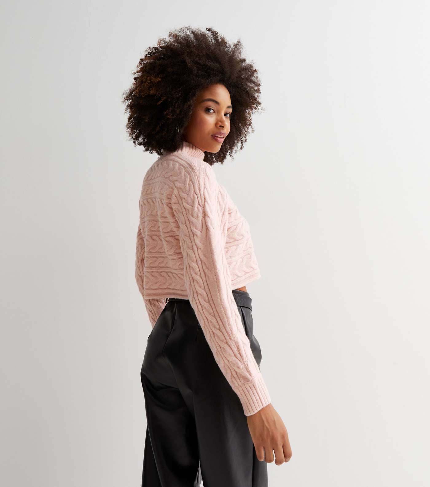 Pink Cable Knit High Neck Crop Jumper Image 4