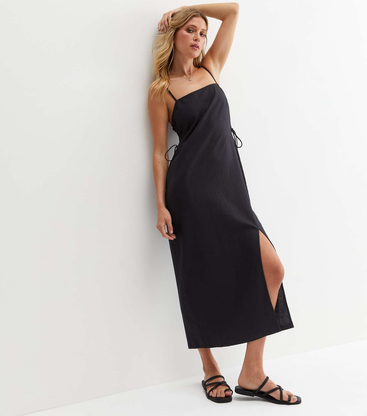 Black Linen Blend Lace Up Side Midi Dress Image 4