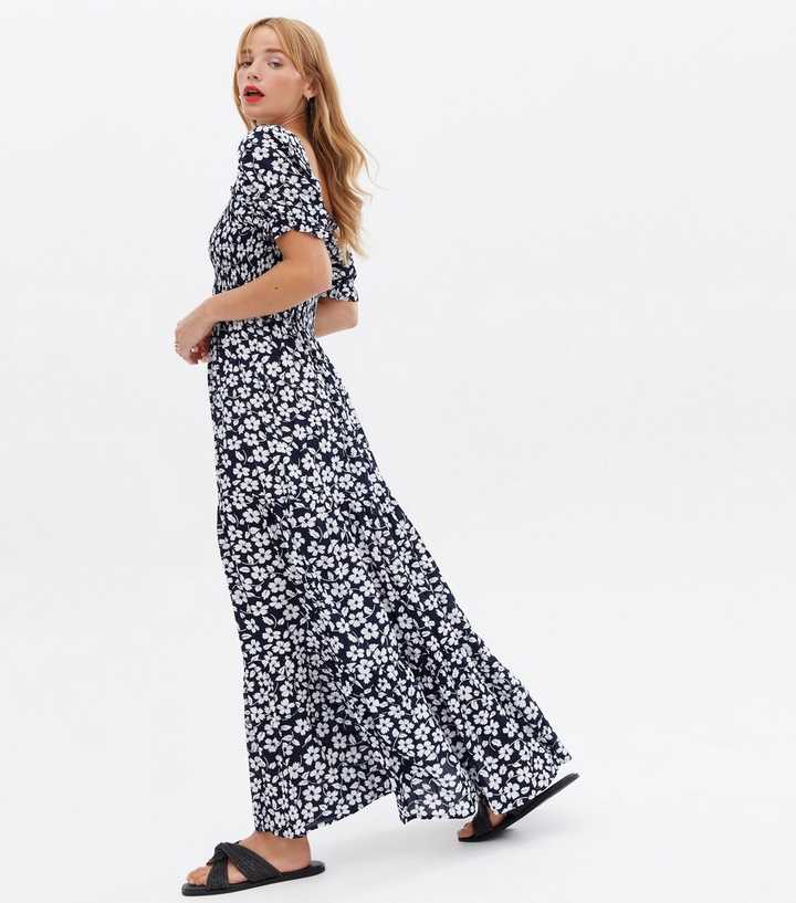 Blue Vanilla Navy Floral Shirred Puff Sleeve Maxi Dress | New Look