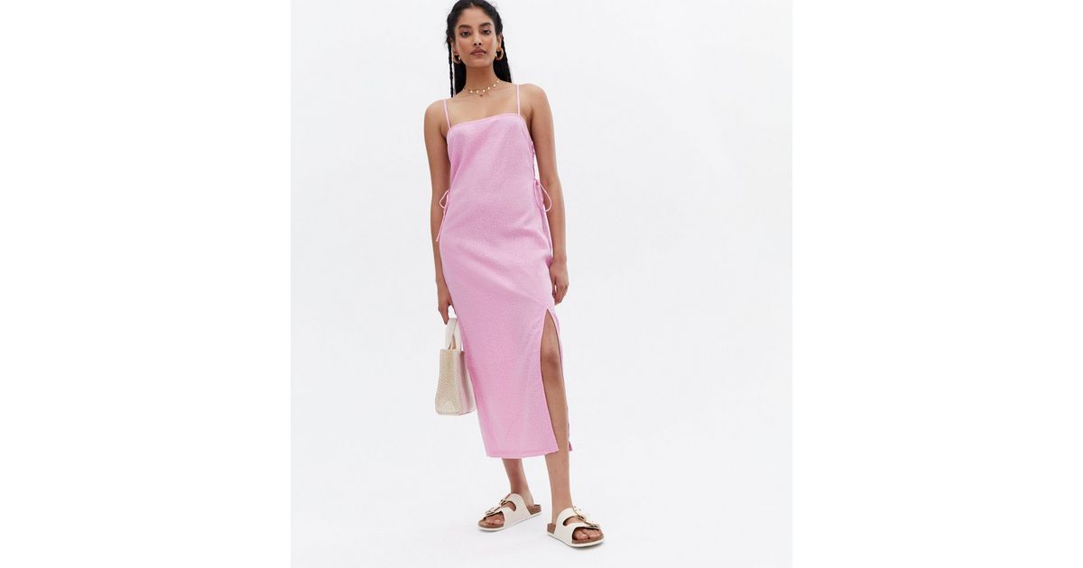 Pink Spot Linen Blend Lace Up Side Midi Dress New Look