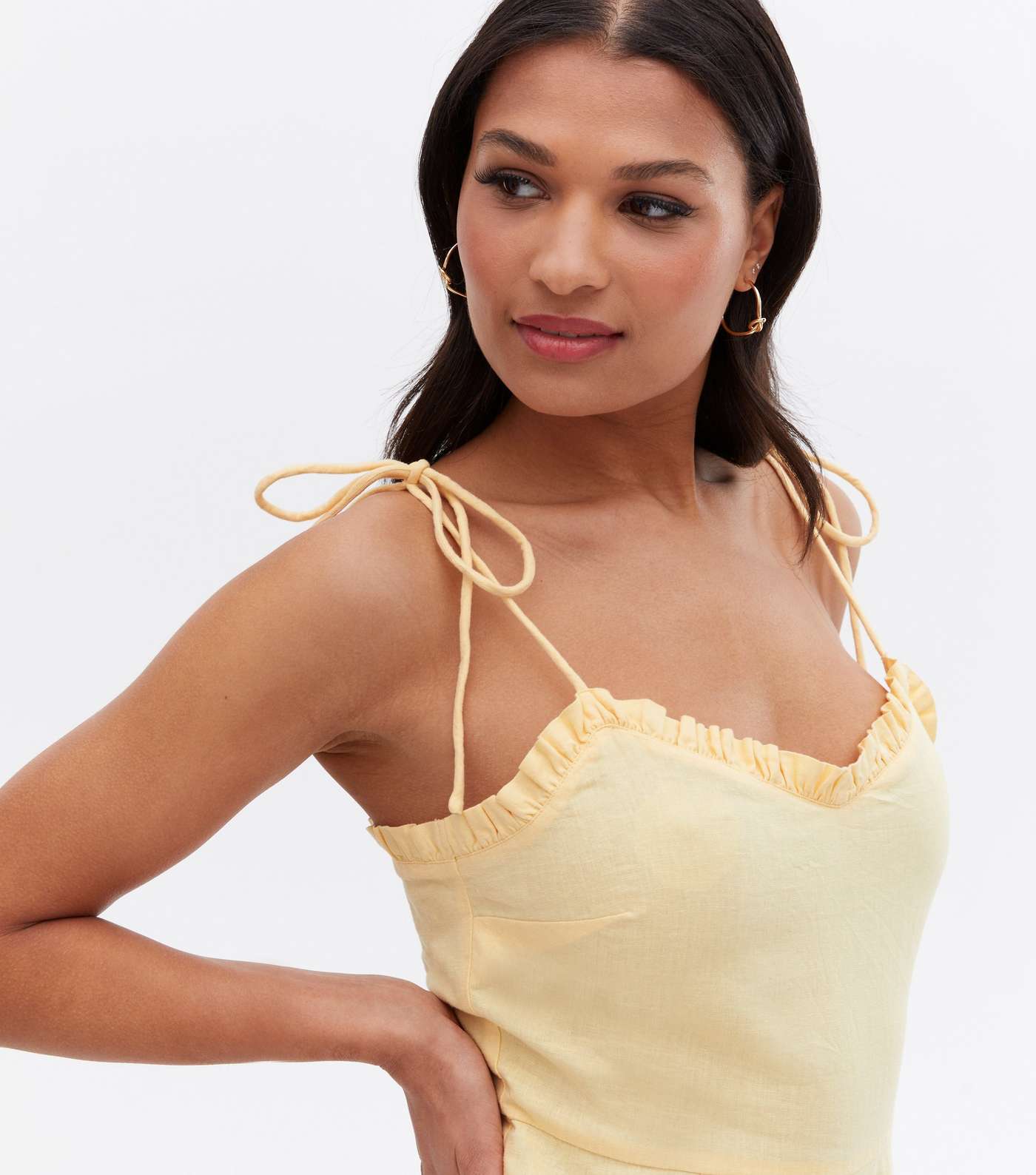 Pale Yellow Linen Blend Strappy Frill Playsuit Image 3