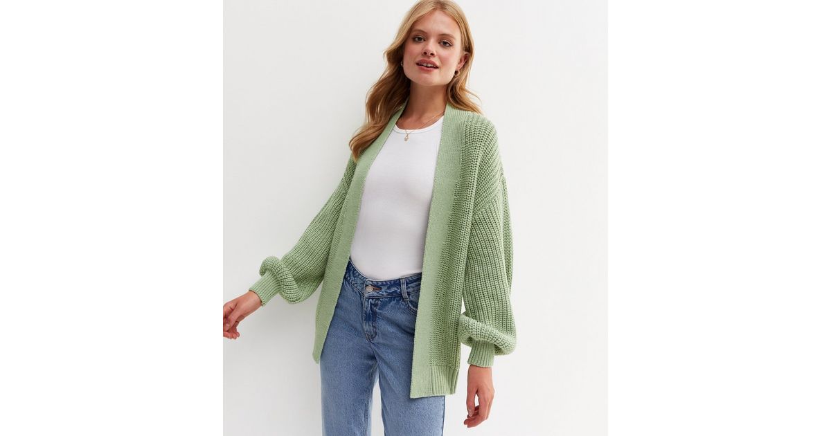 Light Green Knit Long Puff Sleeve Cardigan | New Look