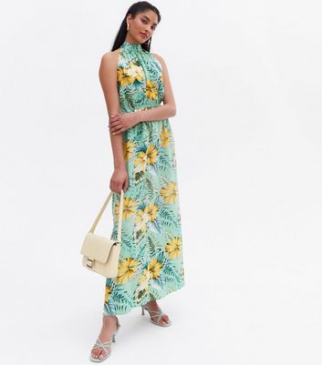 Blue Vanilla Light Green Tropical Maxi Halter Dress New Look