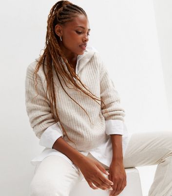 Cream Ribbed Knit Zip High Neck Jumper | New Look