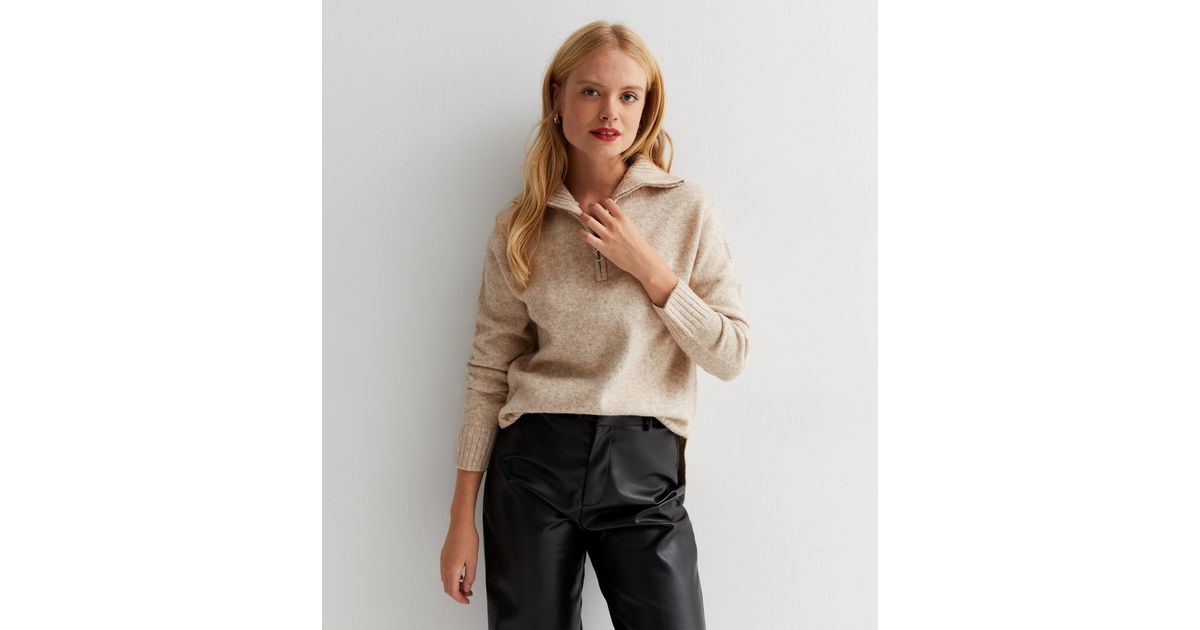 Cream Knit Zip Collar Long Sleeve Jumper | New Look