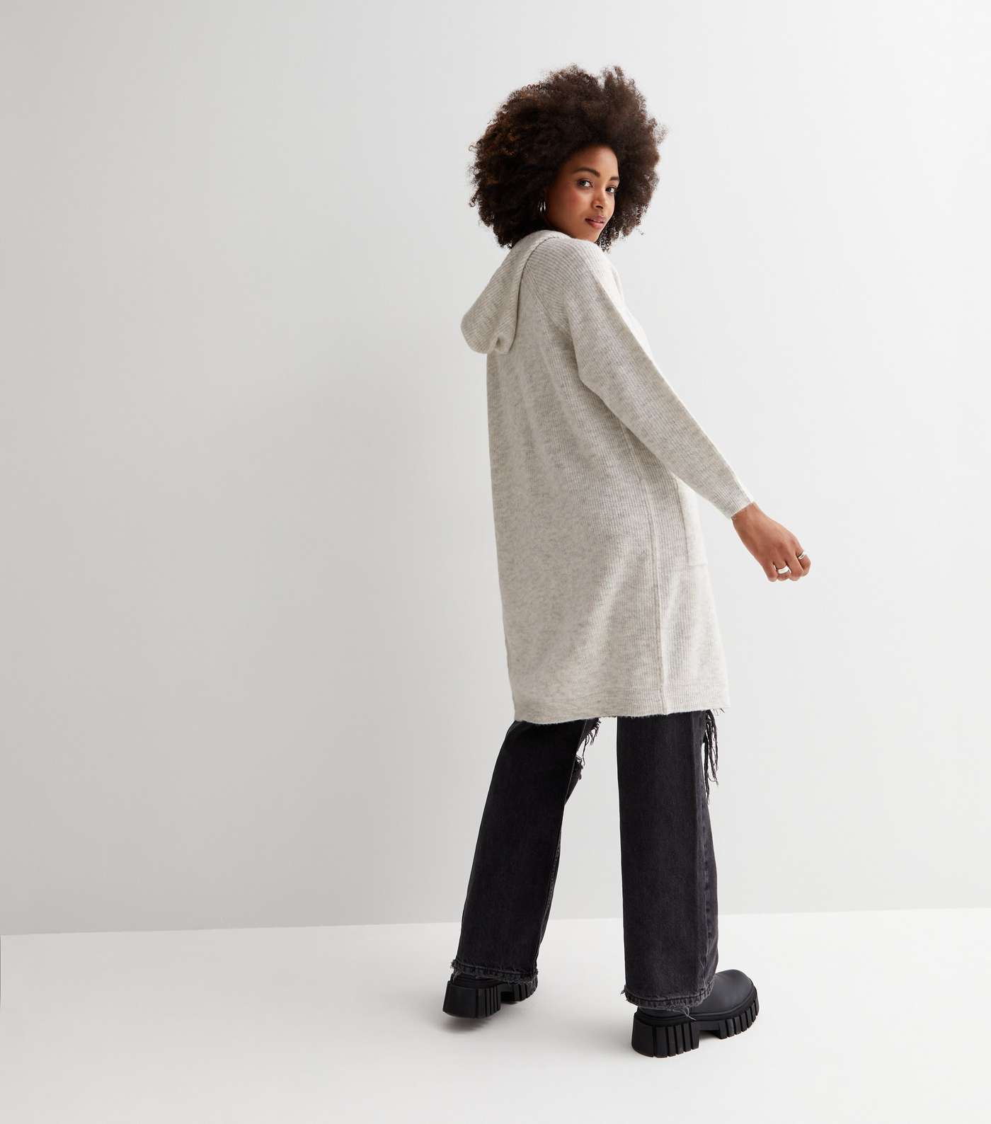 Pale Grey Knit Hooded Pocket Front Long Cardigan Image 4