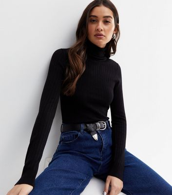 Black Ribbed Knit Roll Neck Top New Look