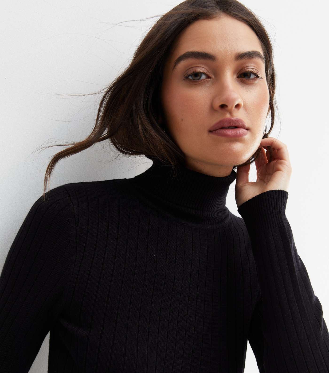 Black Ribbed Knit Roll Neck Top Image 2