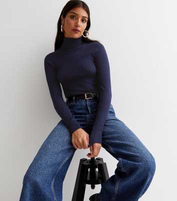 Navy Ribbed Knit Roll Neck Top