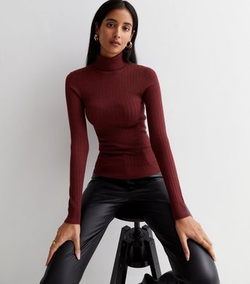 Burgundy Ribbed Knit Roll Neck Top 
