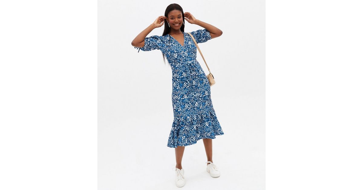 Cameo Rose Blue Floral Tie Sleeve Midi Wrap Dress | New Look
