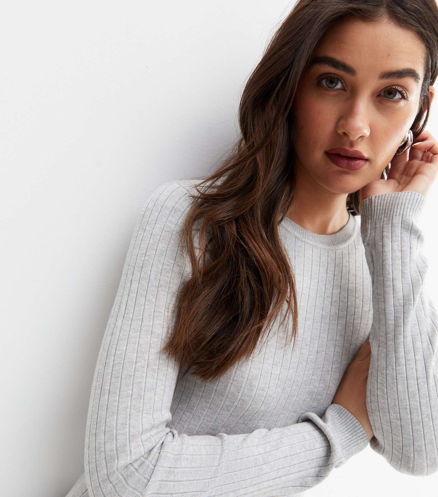 Pale Grey Ribbed Knit Crew Neck Jumper Image 3
