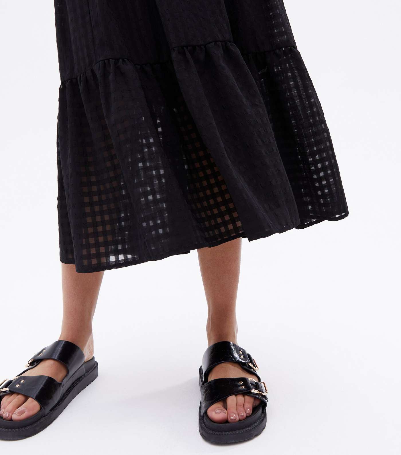 Black Gingham Tiered Midi Skirt Image 3