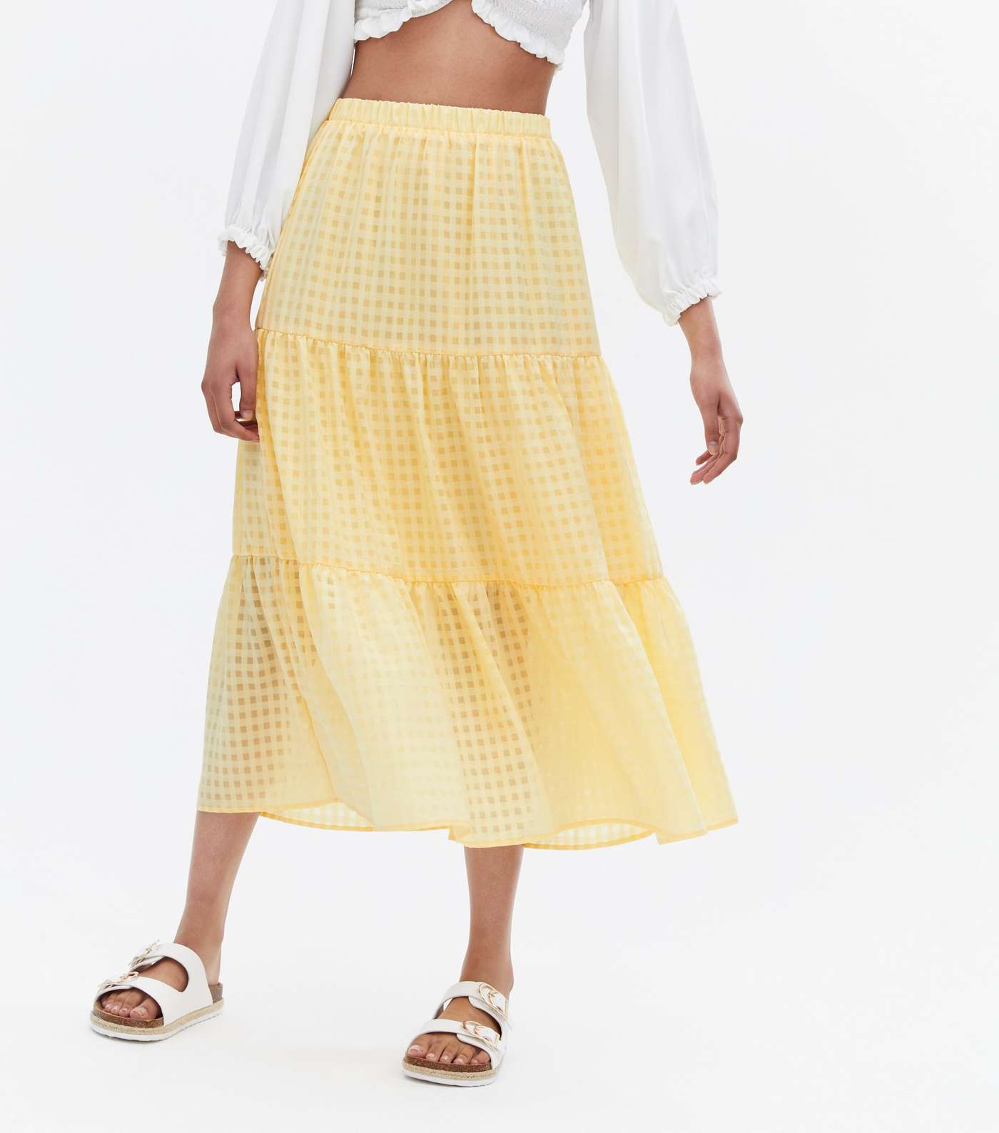 Pale Yellow Gingham Tiered Midi Skirt Image 3
