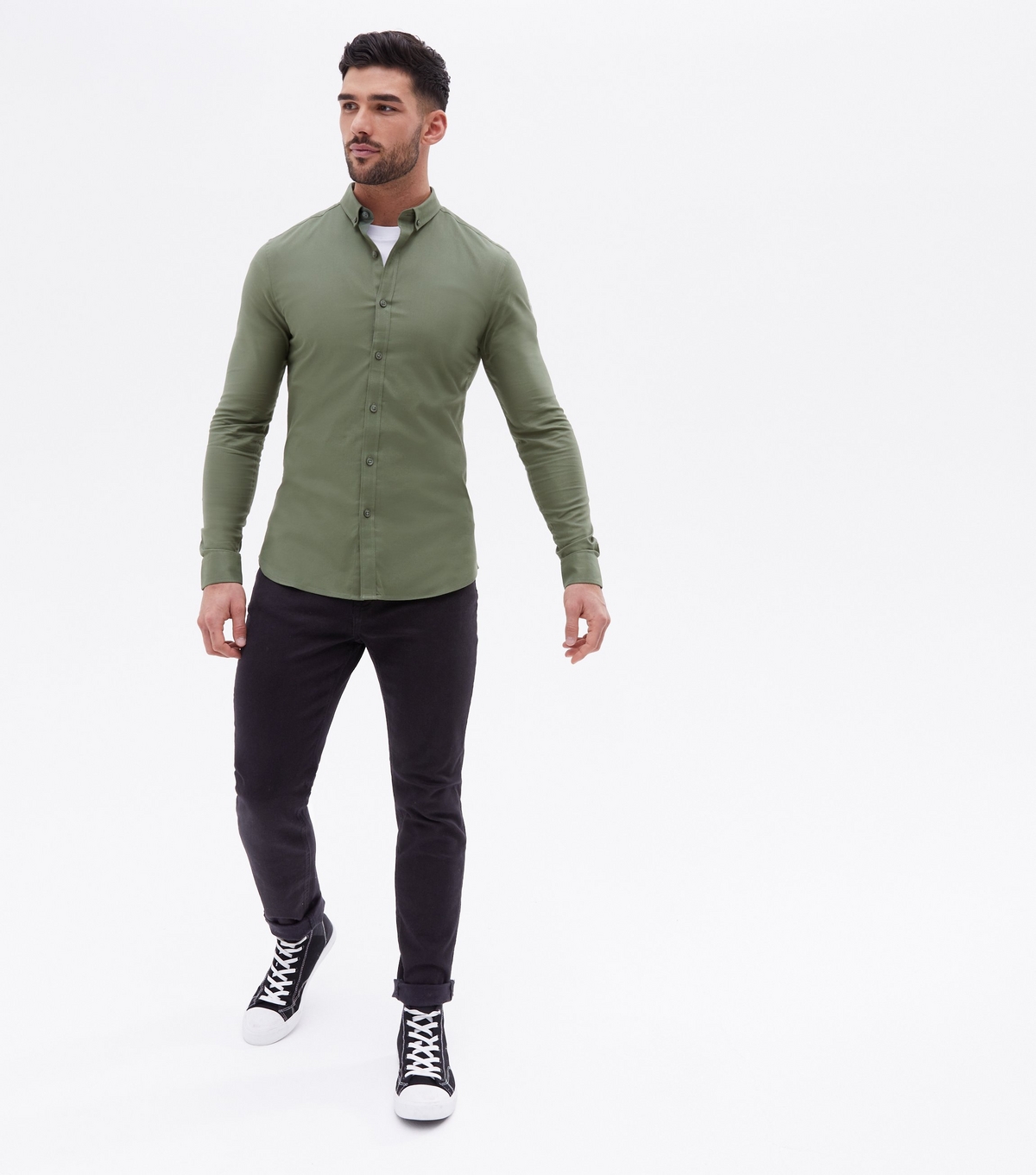 Men's Khaki Muscle Fit Long Sleeve Oxford Shirt New Look