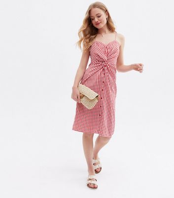 Pink Vanilla Red Gingham Twist Midi Dress New Look