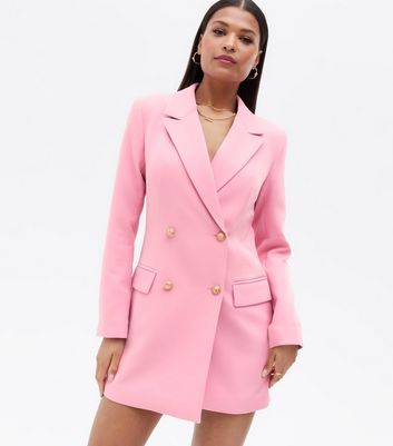 Mid Pink Double Breasted Long Blazer New Look