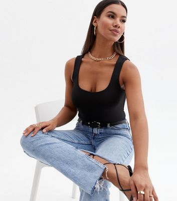 Black Second Skin Slinky Square Neck Crop Top