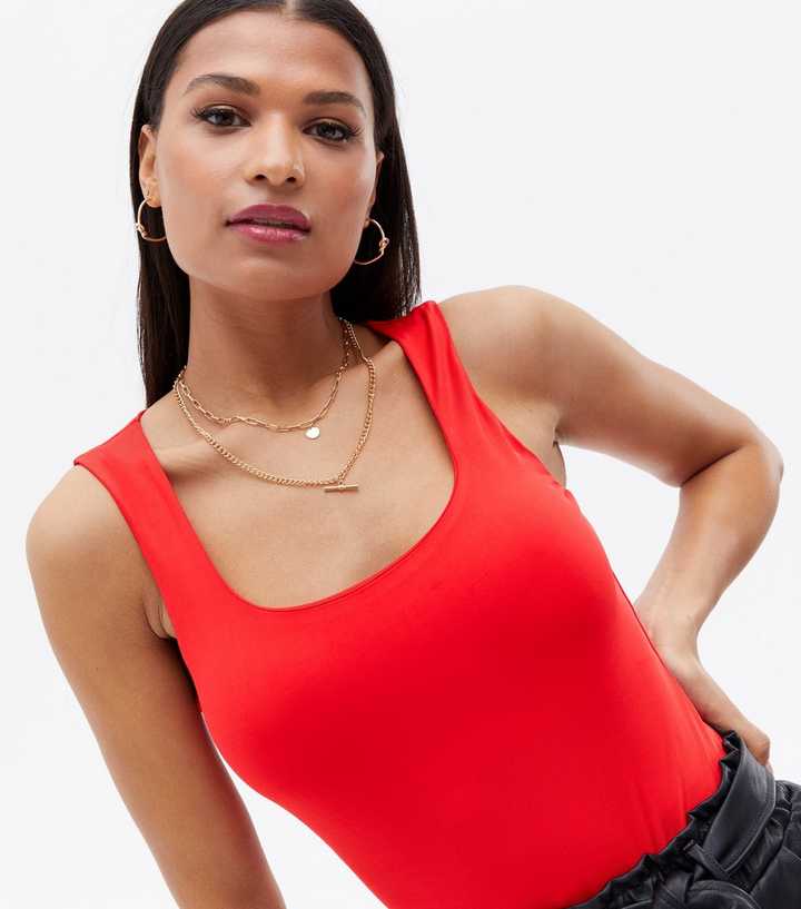 Red Slinky Scoop Neck Bodysuit, Tops