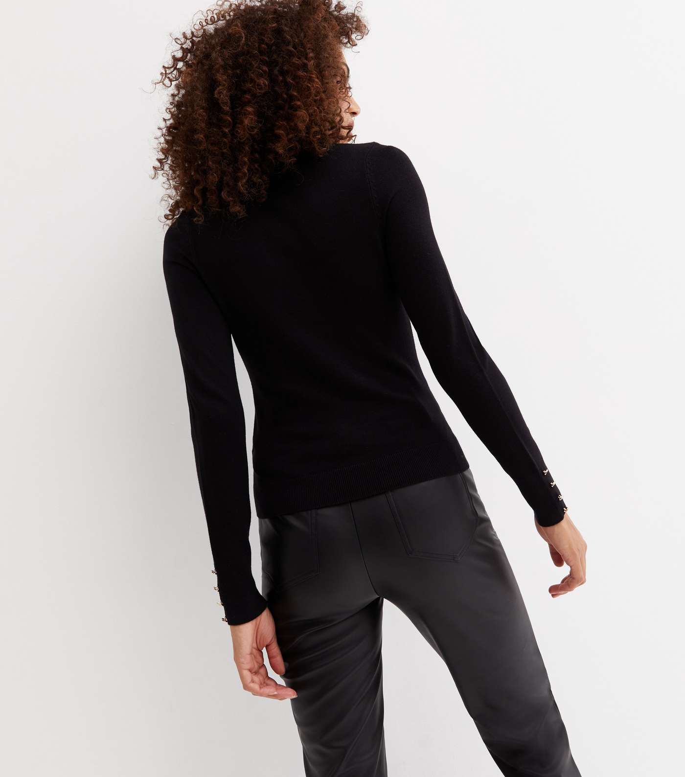 Black Fine Knit High Neck Button Sleeve Jumper Image 4