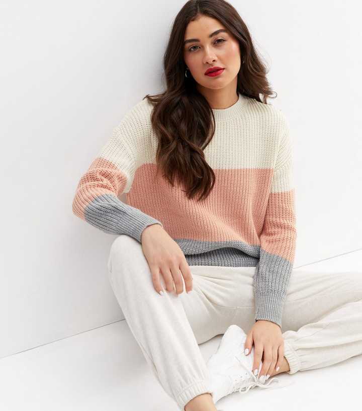 Pink Colour Block Crew Neck Jumper