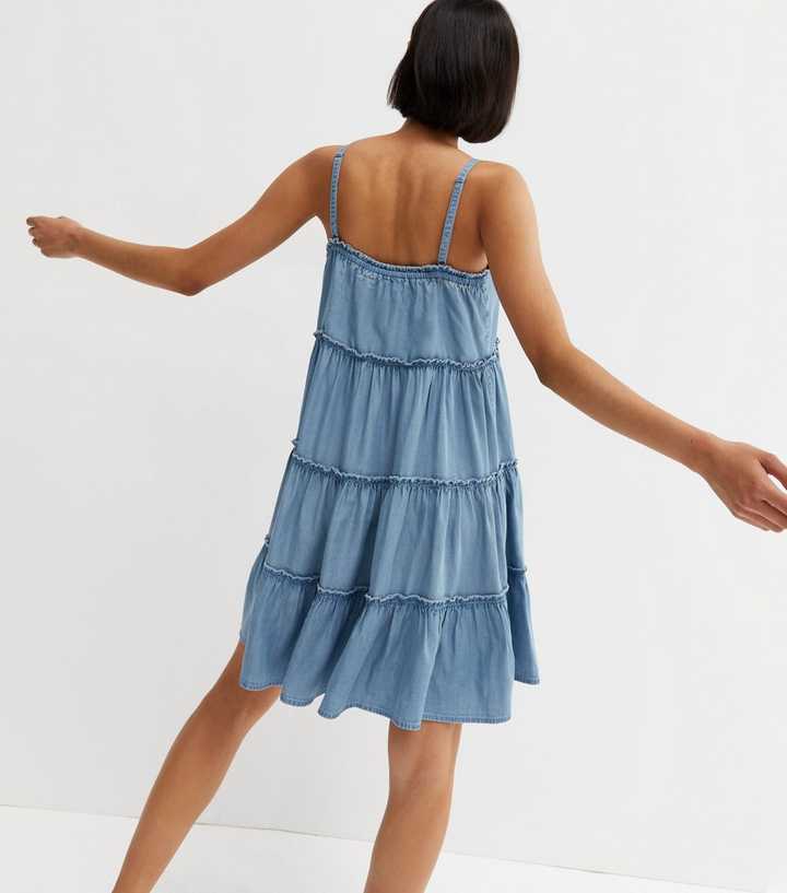 Pale Blue Denim Tiered Strappy Mini Smock Dress | New Look