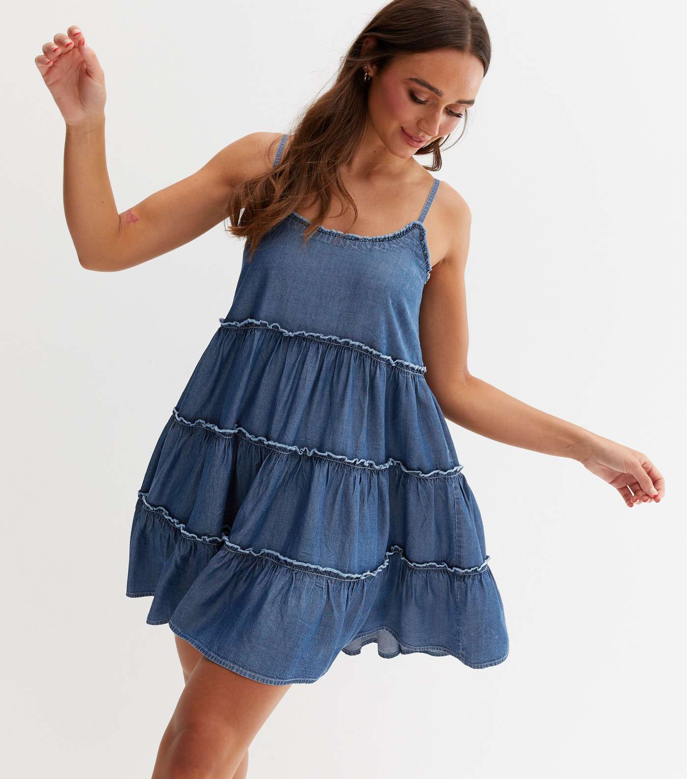 Blue Denim Tiered Strappy Mini Smock Dress
