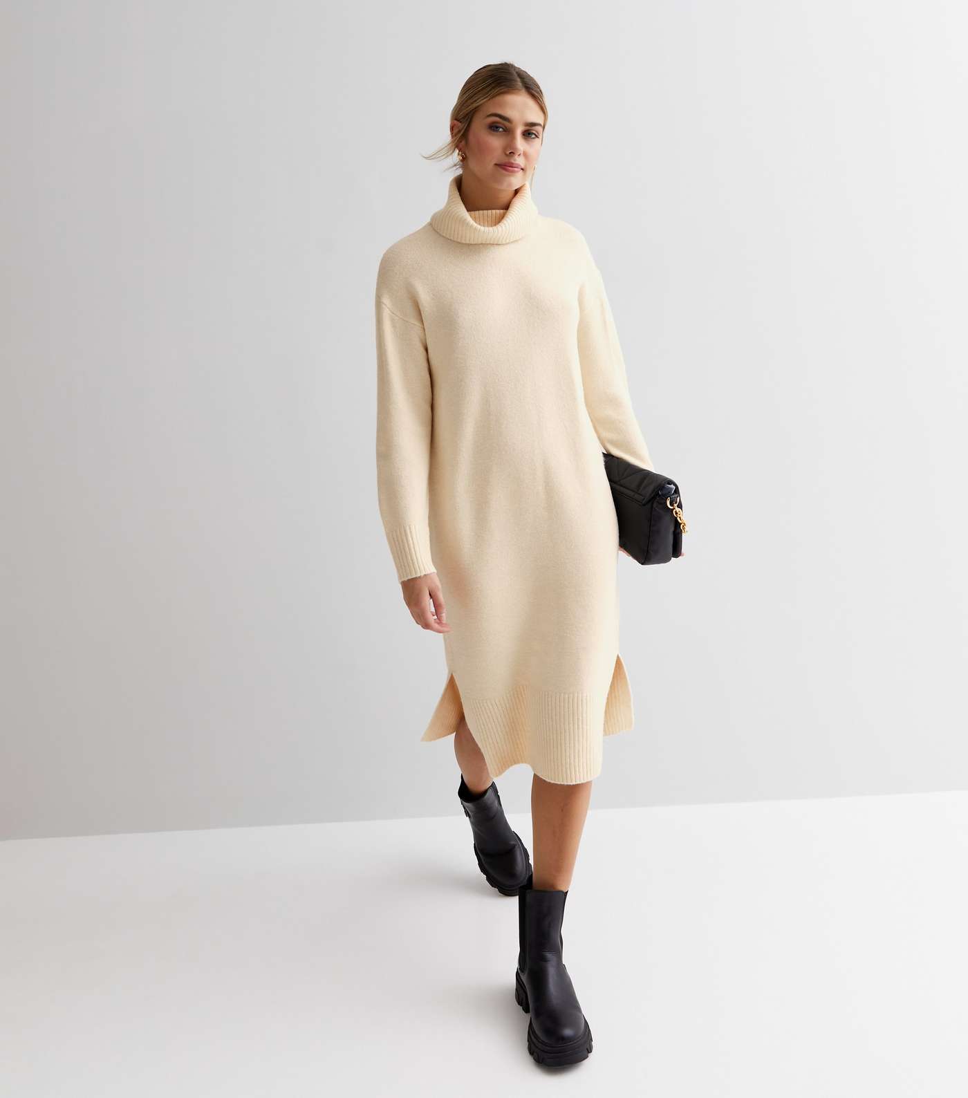 Cream Knit Roll Neck Long Sleeve Midi Dress