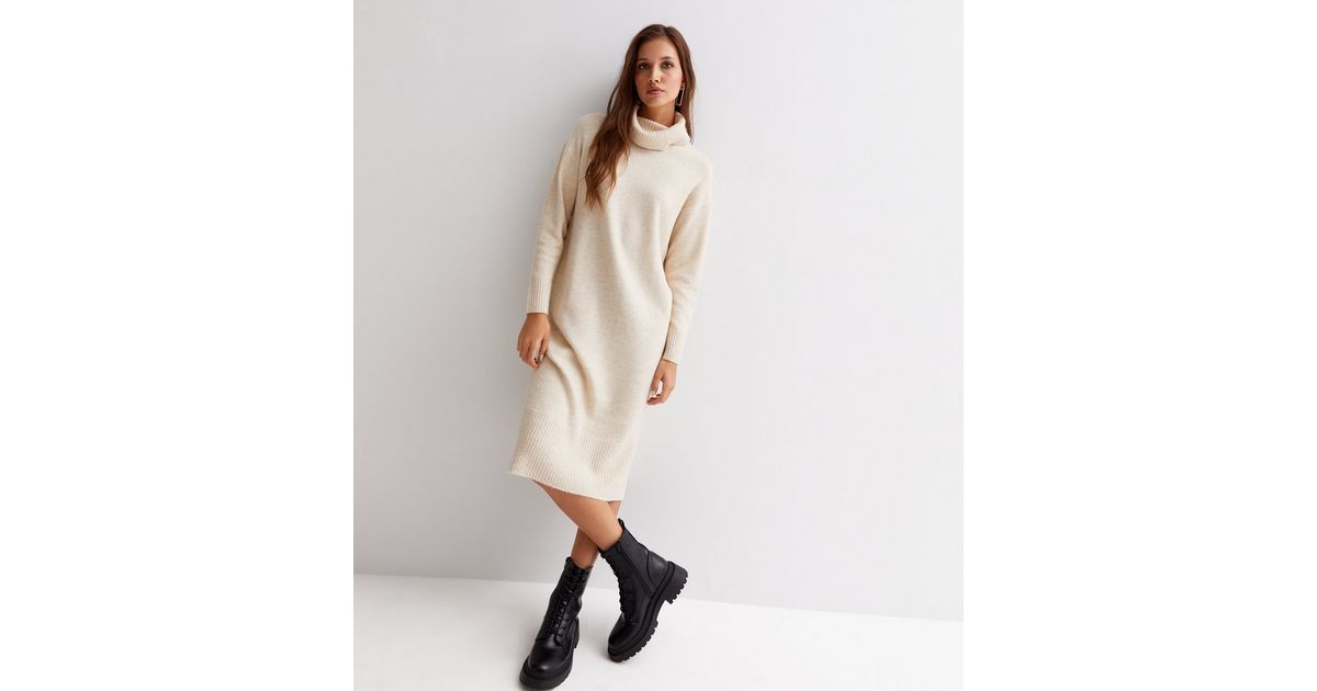 Cream Knit Roll Neck Long Sleeve Midi Dress New Look