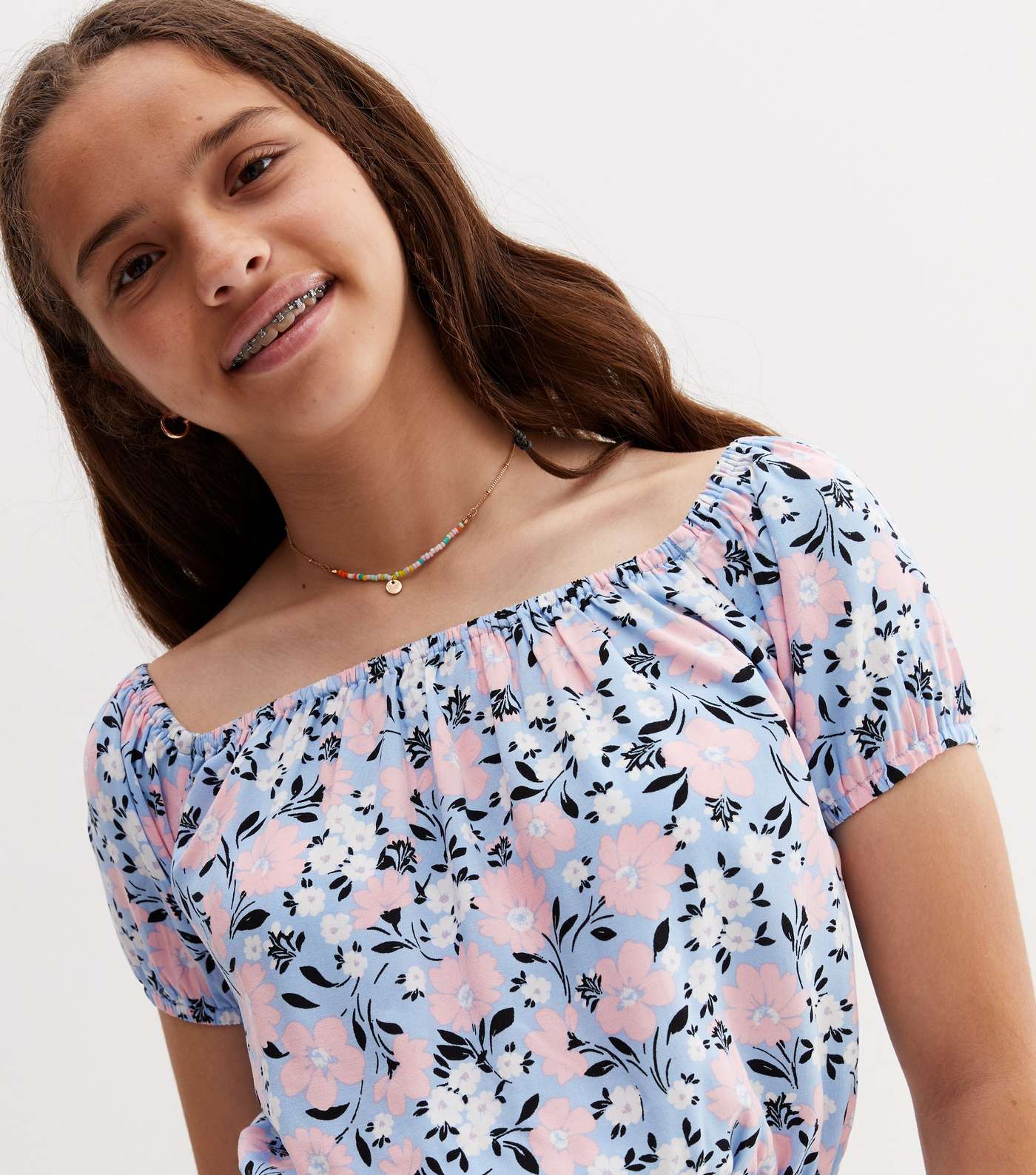 Girls Blue Floral Puff Sleeve Top Image 3