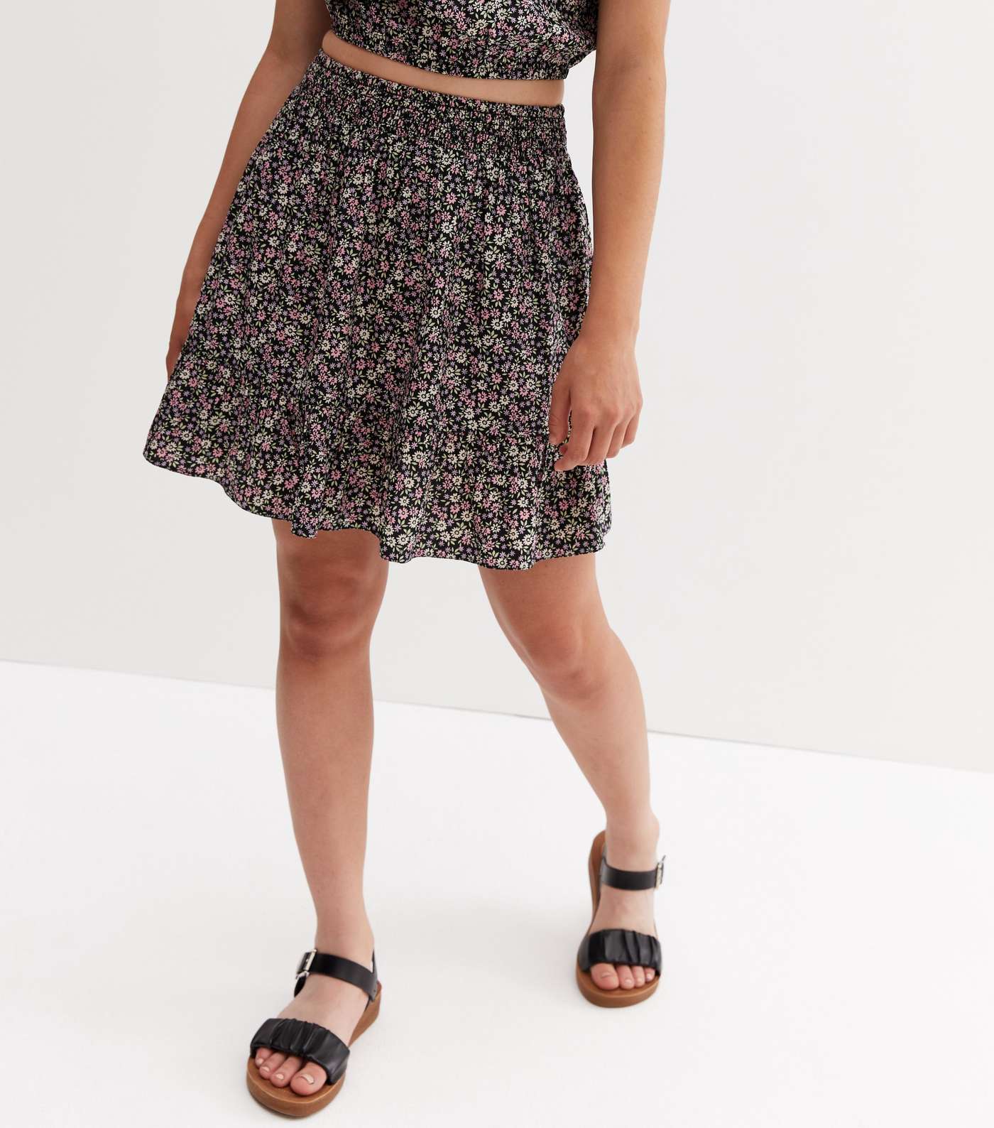 Girls Black Floral Crepe Top and Skirt Set Image 3