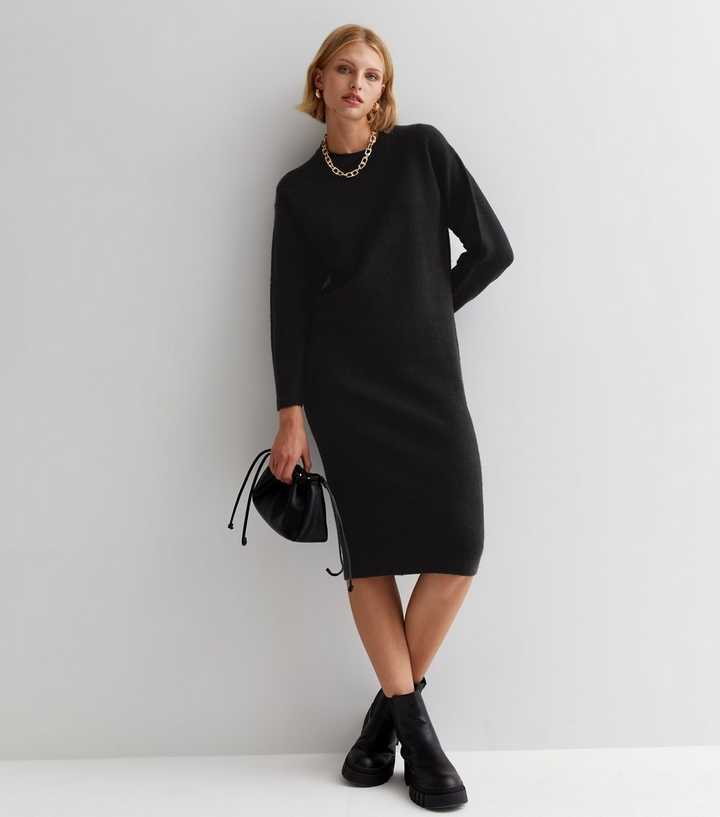 Black Knit Crew Neck Long Sleeve Midi Dress | New Look