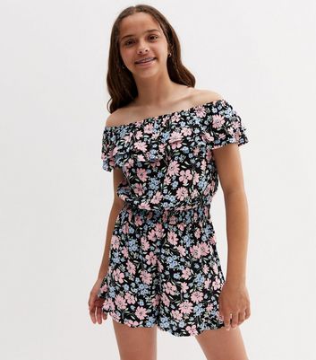 Teenager Bekleidung für Mädchen Girls Black Floral Shirred Waist Bardot Playsuit