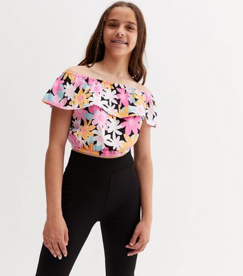 Girls Black Floral Crepe Bardot Top New Look