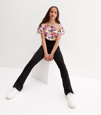 Girls Black Floral Crepe Bardot Top New Look