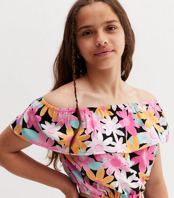 Black floral bardot top online