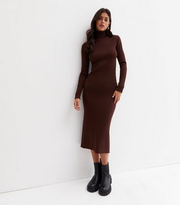 Dark Brown Ribbed Knit Roll Neck Midi Dress | New Look