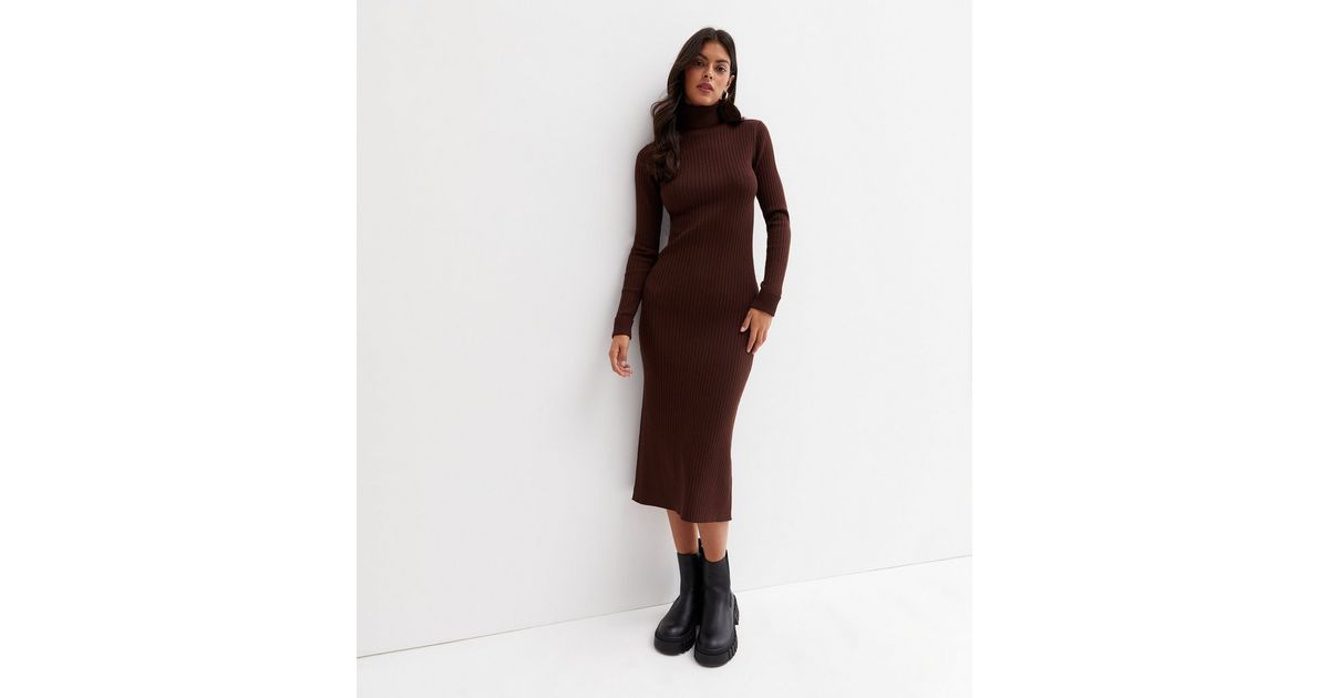 Women's Ribbed Brown High Neck Dress