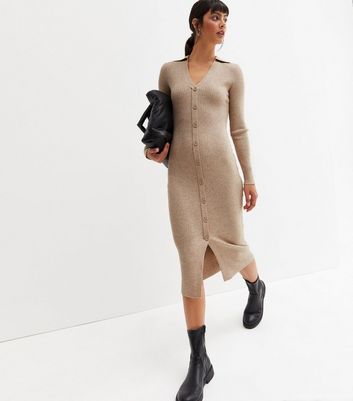 Cream Ribbed Knit Button Front Midi Polo Dress