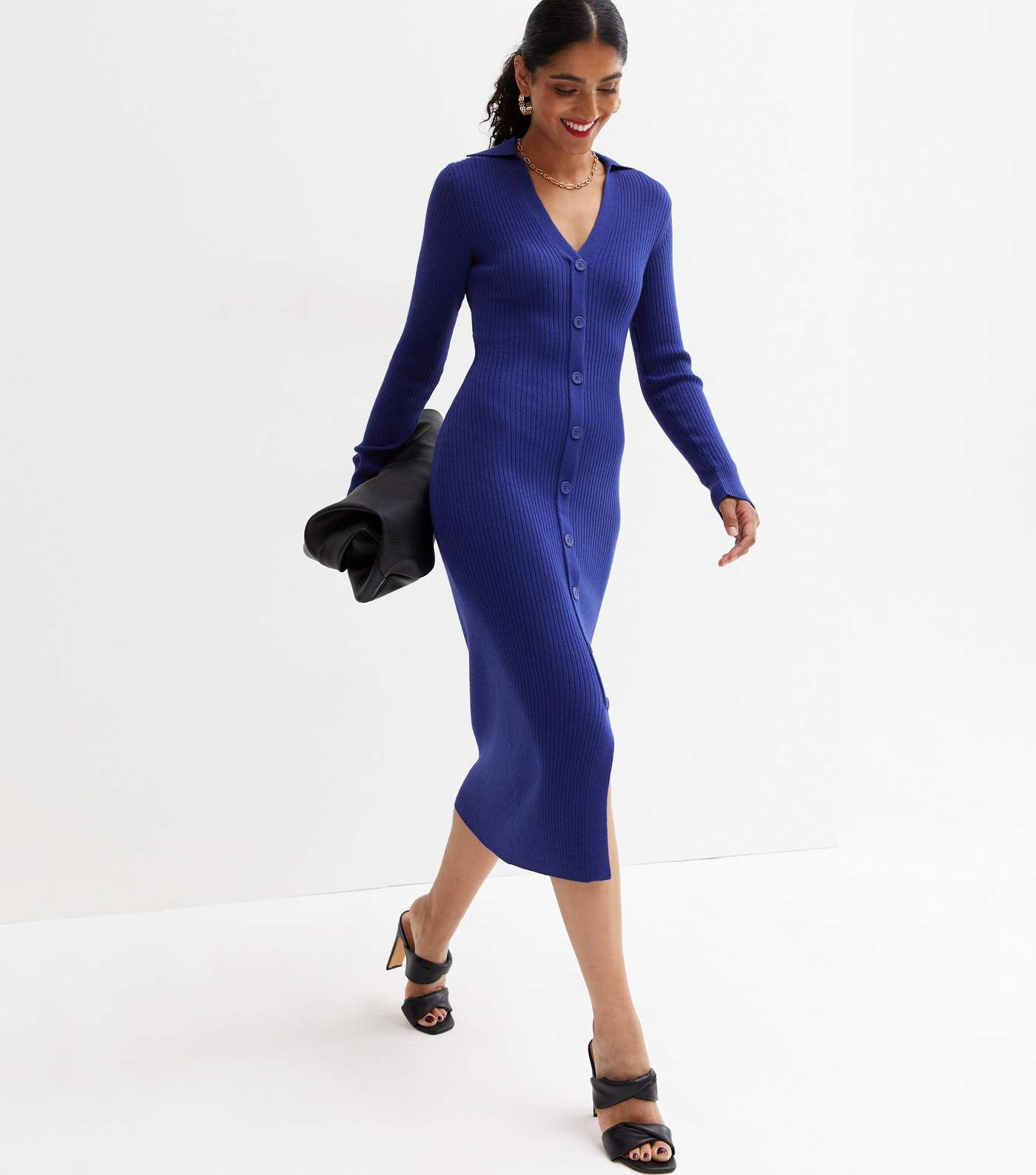 Bright Blue Ribbed Knit Button Front Midi Polo Dress