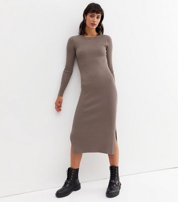 New Look knit ribbed dress in mink