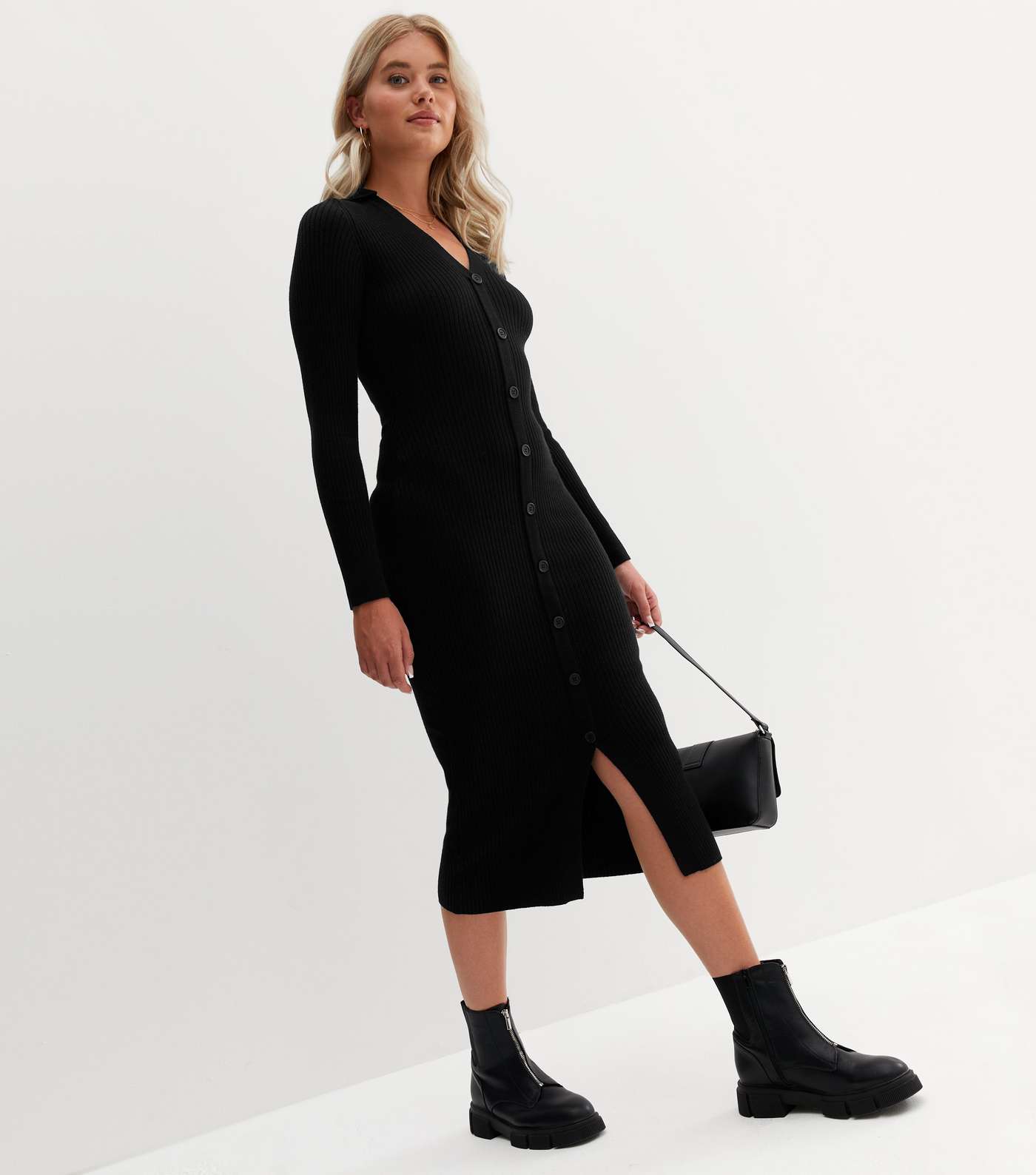 Tall Black Ribbed Knit Button Front Midi Polo Dress Image 2