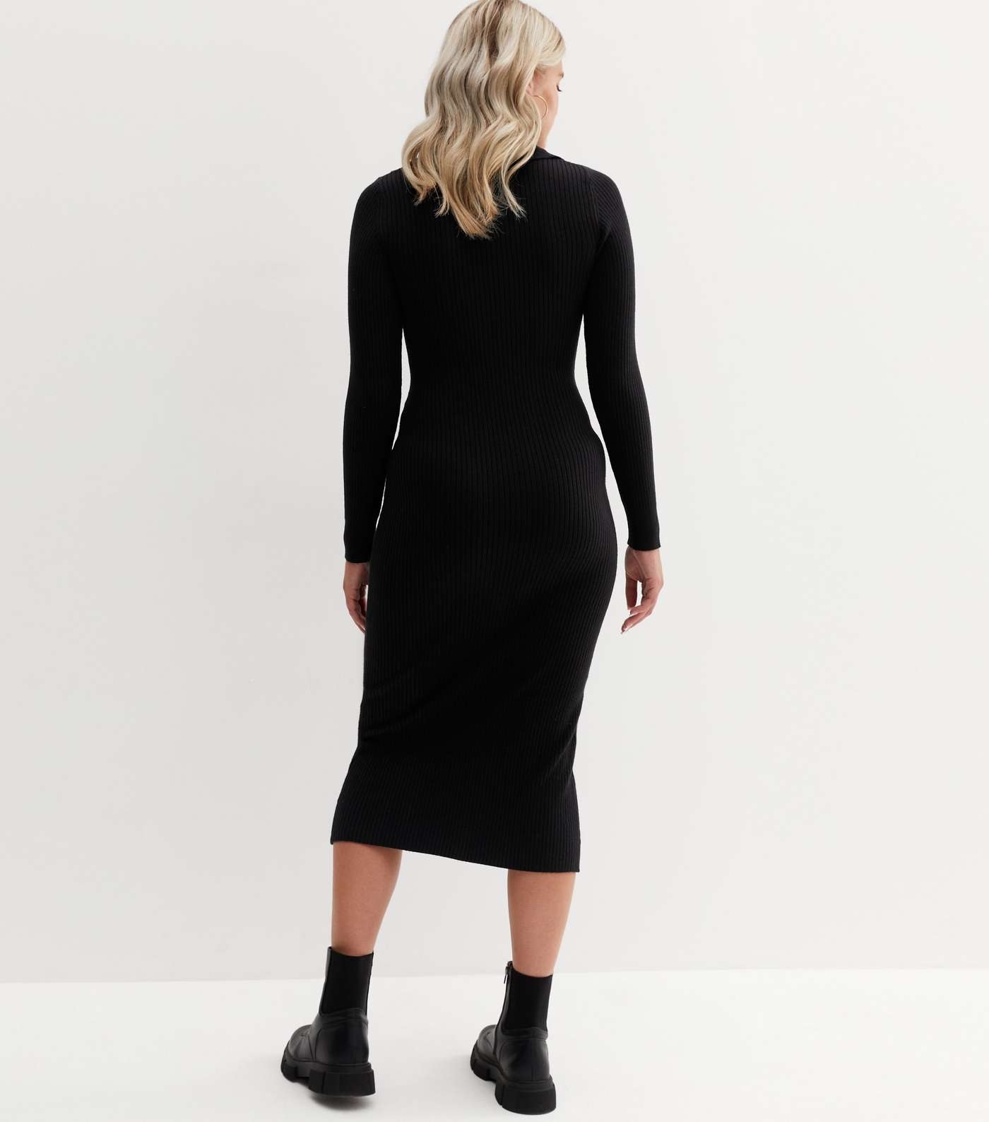 Tall Black Ribbed Knit Button Front Midi Polo Dress Image 4