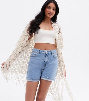 Click to view product details and reviews for Blue Vanilla Off White Crochet Tassel Kimono New Look.