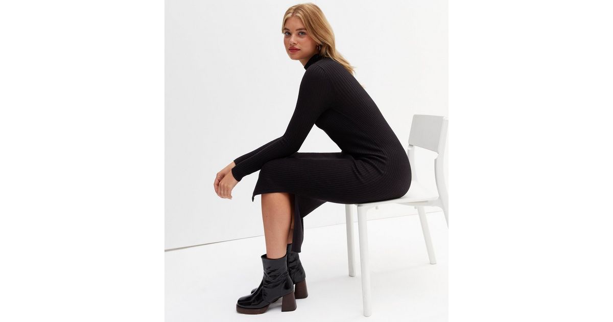 Tall Black Ribbed Knit High Neck Midi Dress | New Look