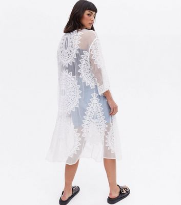 Click to view product details and reviews for Blue Vanilla Off White Crochet Mesh Long Kimono New Look.