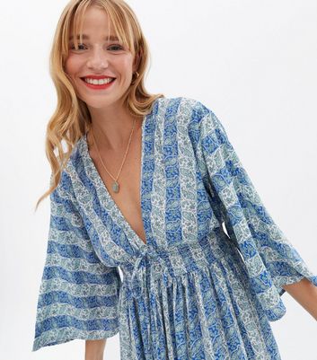 Damen Bekleidung Blue Vanilla Pale Blue Paisley Shirred Kimono Maxi Dress Damen Bekleidung Blue Vanilla Pale Blue Paisley Shirred Kimono Maxi Dress
