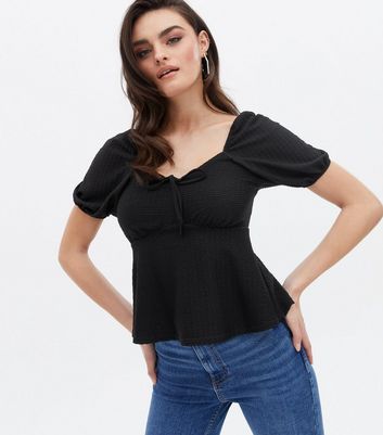 Black Textured Puff Sleeve Peplum Top New Look